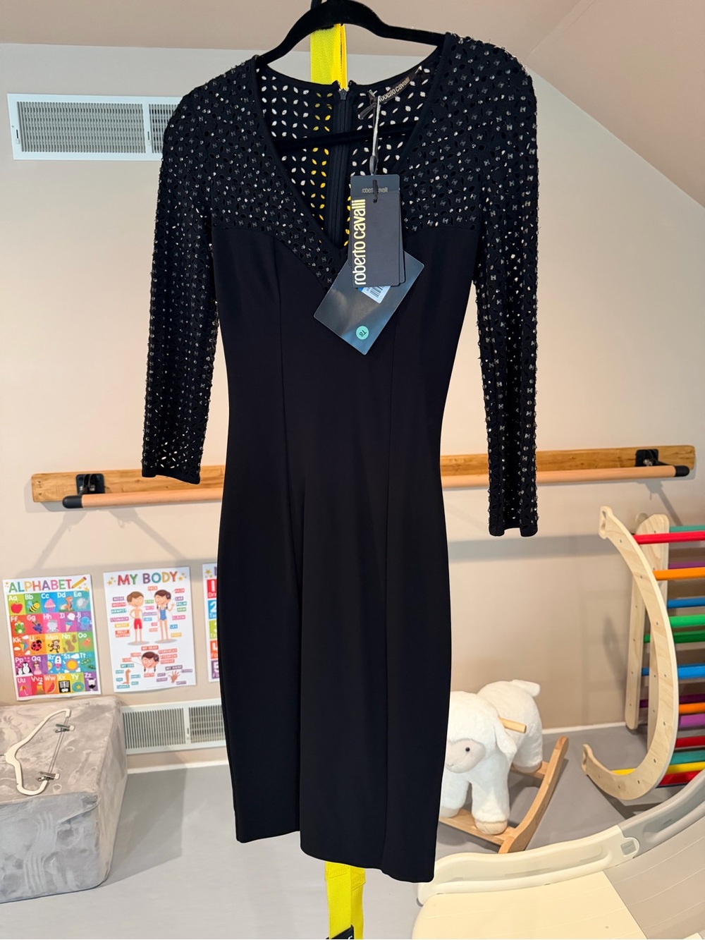 Roberto Cavalli Black Studded Long-Sleeve Dress